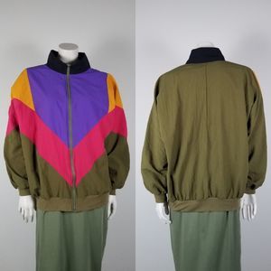 Silver Threads Olive Green Colorblock VTG 80s Batwing Windbreaker Jacket Sz XL